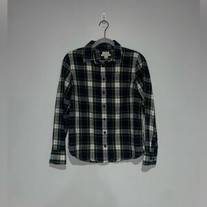 L.L. Bean Women’s Casual Plaid Flannel Shirt - Navy, Green, and White